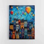 Svajonių naktis. Abstraktus senamiesčio paveikslas su oro balionais (JG00002247)