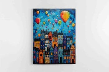Svajonių naktis. Abstraktus senamiesčio paveikslas su oro balionais (JG00002247)