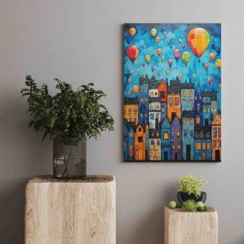 Svajonių naktis. Abstraktus senamiesčio paveikslas su oro balionais (JG00002247) - Image 2