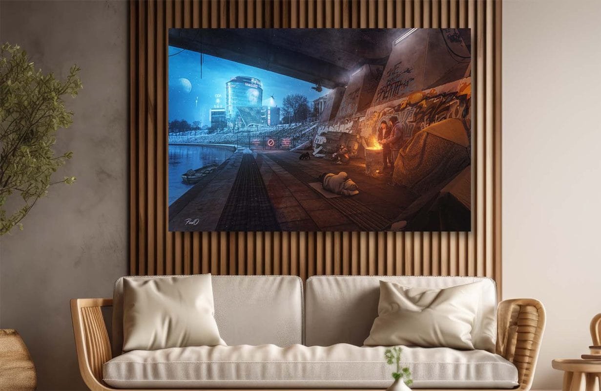 Cyber-Punk-Vilnius-Under Bridge hobos - pedagoginio ziedas, Barclay poul.with.an.o paveikslas