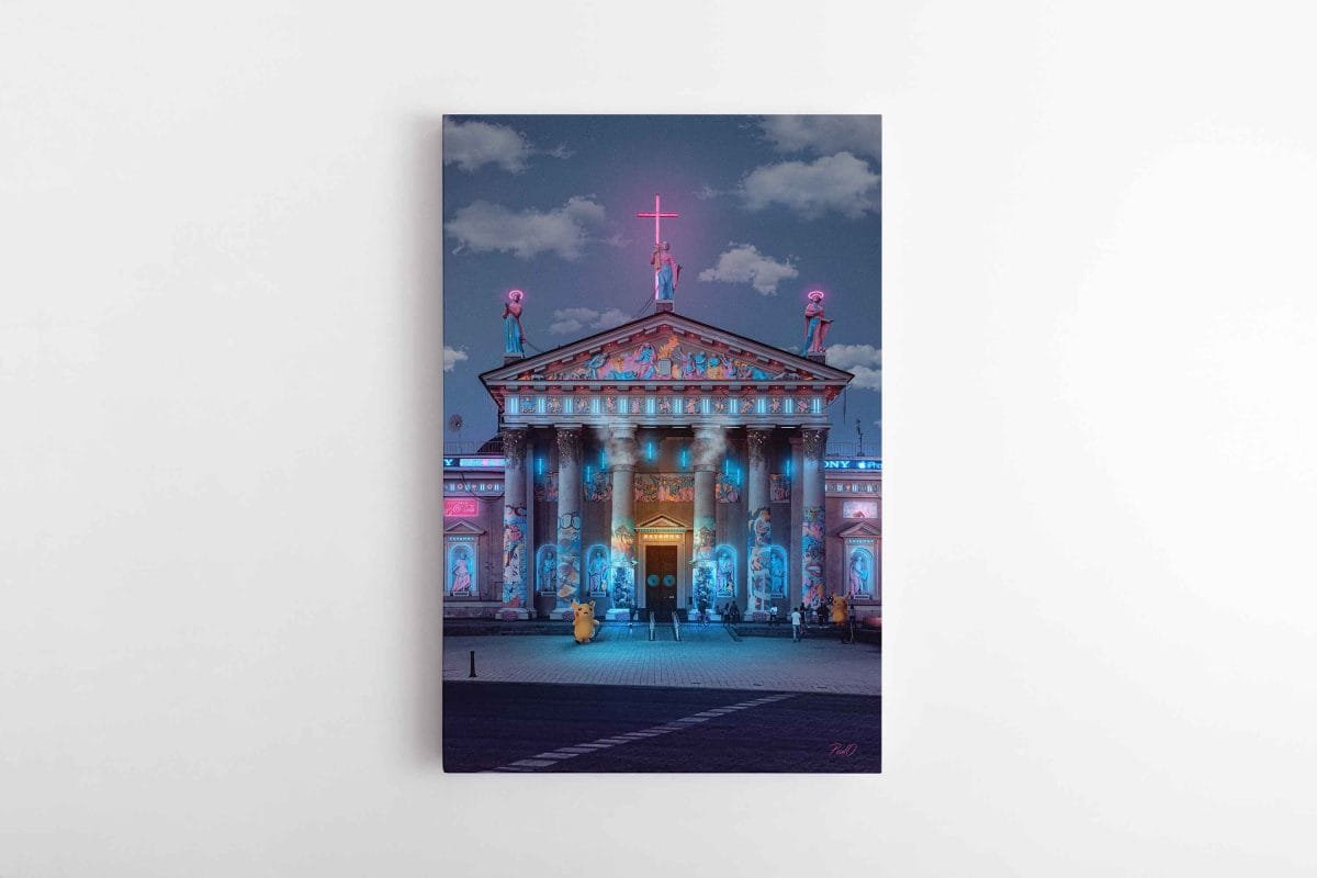 Cyber-Punk-Vilnius- Katedra, Pikachu, Future city poul.with.an.o paveikslas